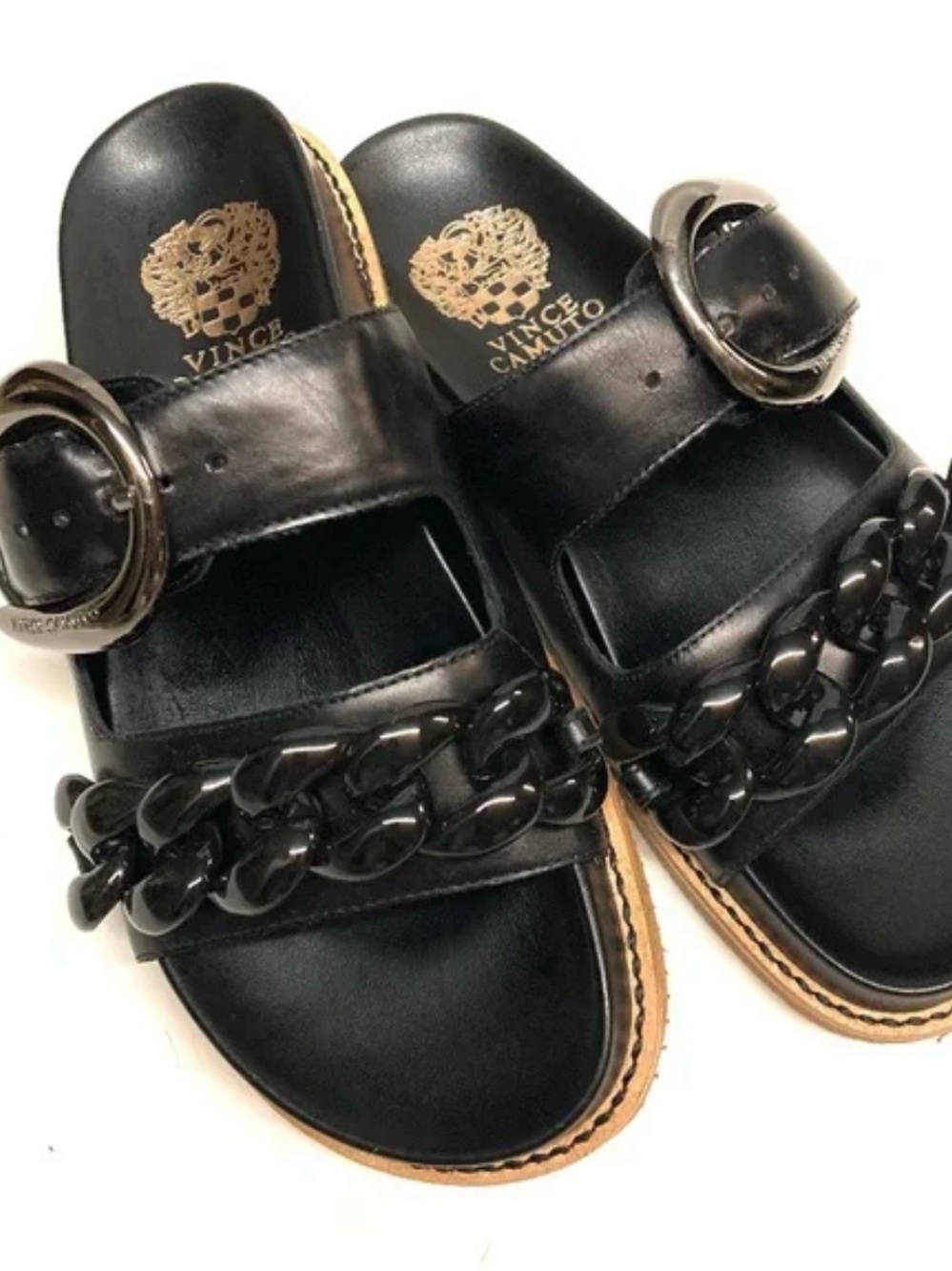 Vince Camuto Black Leather Slide Sandals with Chain and Buckle
